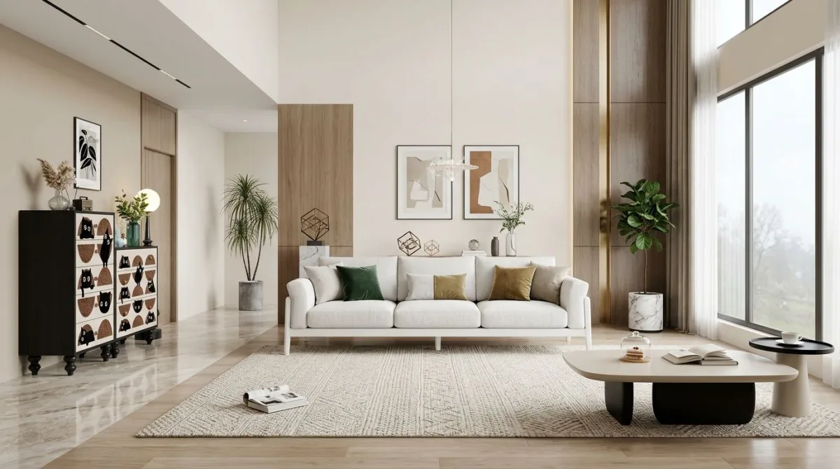 غرفة معيشة مفتوحة بتصميم انسيابي