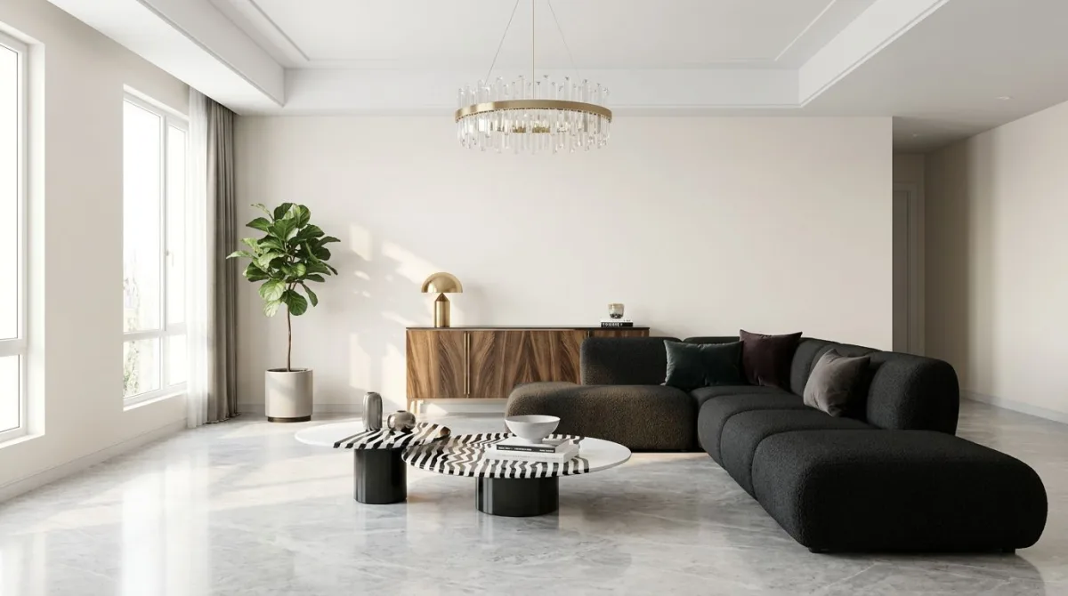 غرفة معيشة أنيقة بألوان محايدة