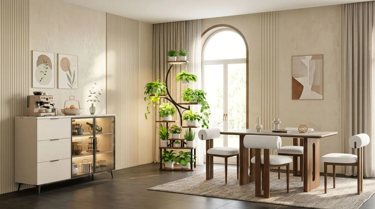 غرفة طعام بتصميم فندقي فاخرة.