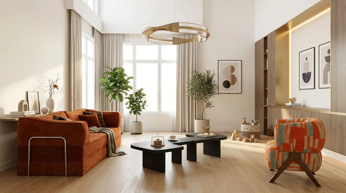 غرفة جلوس واسعة بإضاءة طبيعية