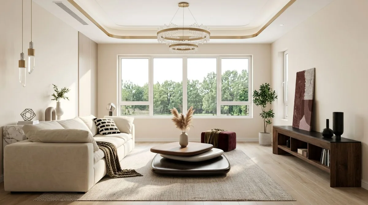غرفة جلوس واسعة بإضاءة طبيعية