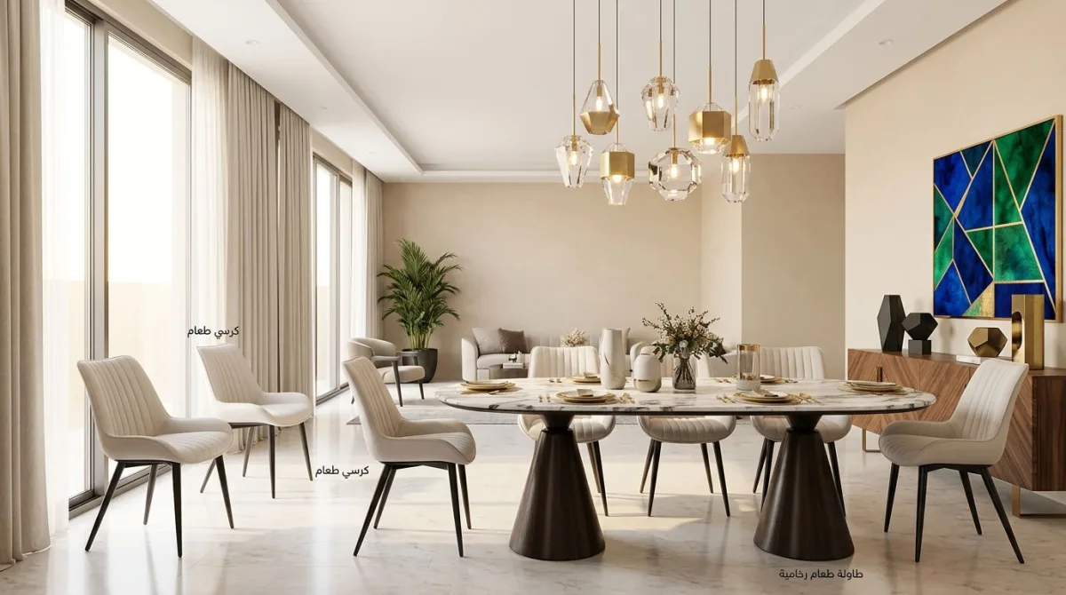 غرفة طعام مفتوحة بإضاءة أنيقة