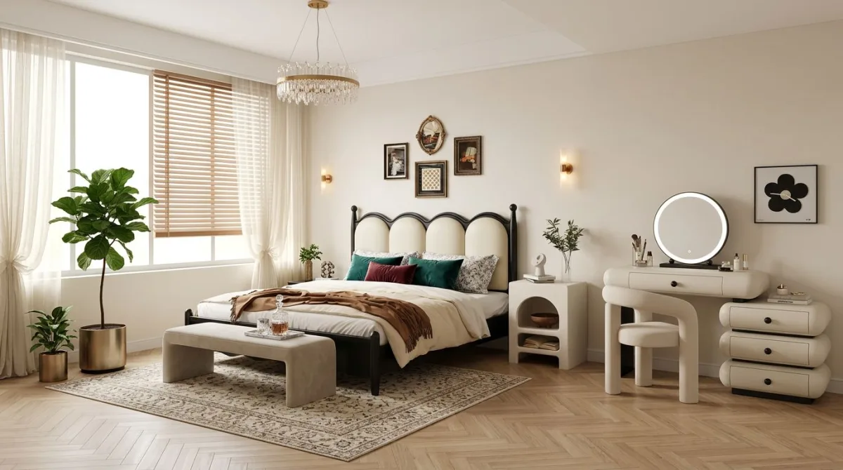 غرفة نوم رومانسية بإضاءة دافئة