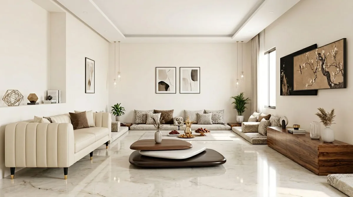 مجلس عصري يجمع بين الأناقة والهدوء الياباني